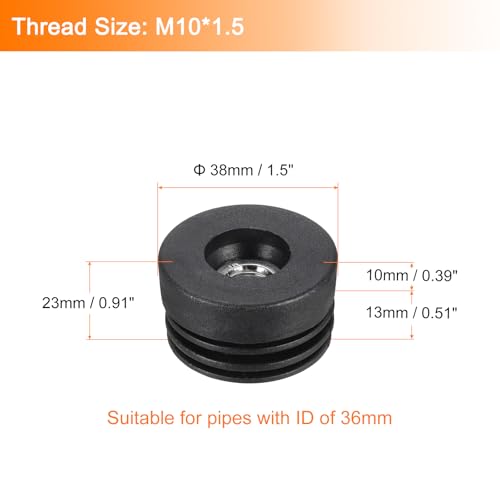 Image of uxcell 6Pcs Inserts for Round Tubes with M10 Thread, for 38mm /1.5 inch OD Round Tube, Round Black Plastic Plug Caster Insert Chair End Caps Furniture Leg Plug