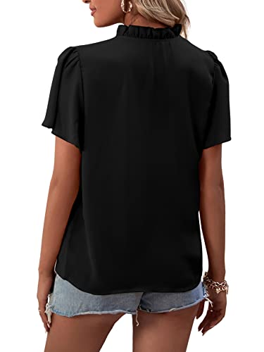 Image of LYANER Women's Elegant Frill Mock Neck Ruffle Short Sleeve Blouse Work Shirt Top