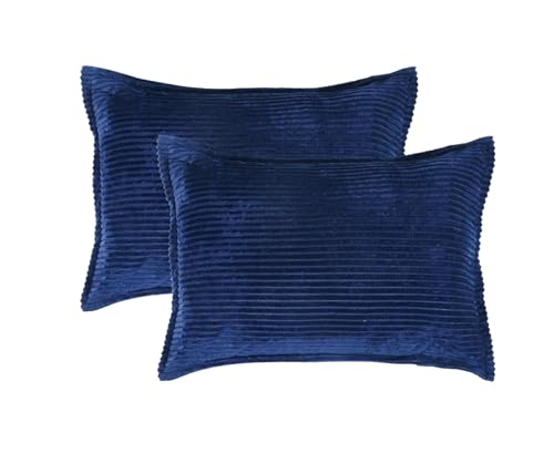RD TREND® Presents Velvet 250 GSM Self Stripe Pillow Covers Set of 2 with Zipper, Size -18" x 28" Inches (45x71 Cm) (Navy Blue)