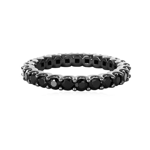 Daffany Sterling Silver Black Onyx Round-Cut Statement Eternity Band Ring | 2.0mm Stackable Eternity Bands for Women| Wedding Ring Band for Women | Promise Ring for Couples, Size 5-9
