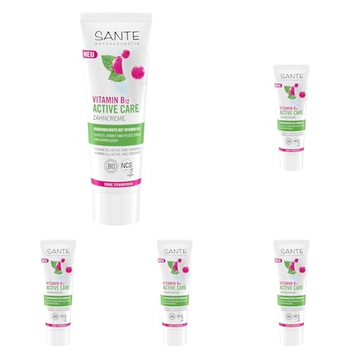 SANTE Naturkosmetik Vitamin B12 Active Care Zahncreme - 75 ml - Zahnpasta mit Fluorid, Xylit & Bio-Salbei - Rundumschutz für Zähne & Zahnfleisch - vegan & ohne Titandioxid (Packung mit 5)