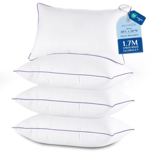 JOLLYVOGUE Pillows Queen Size Set of 4 Washable Supportive Bed Pillows with Super Soft Down Alternative Fill Luxury Fluffy Hotel Quality for Side Back and Stomach Sleepers