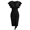 Knitee Women's Deep-V Neck Ruffle Sleeves Cocktail Party Pencil Slit Formal Dress (A-Black, Large)
