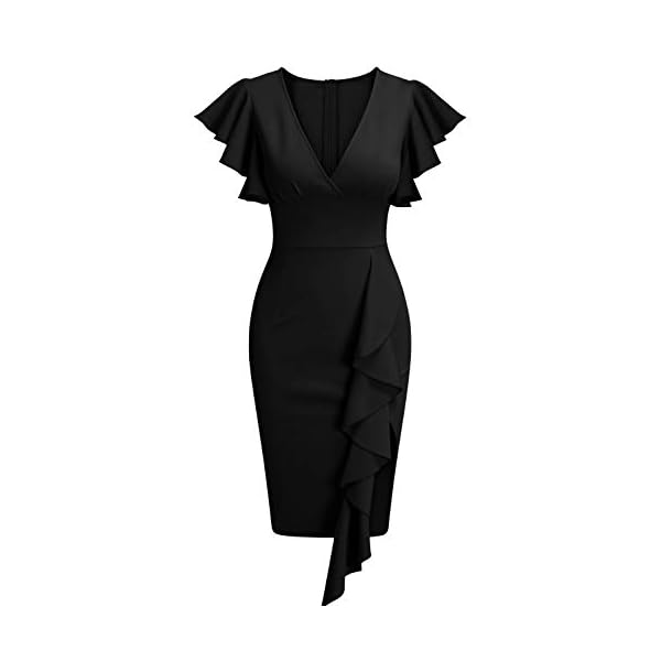 Knitee Women's Deep-V Neck Ruffle Sleeves Cocktail Party Pencil Slit Formal Dress (A-Black, Large)