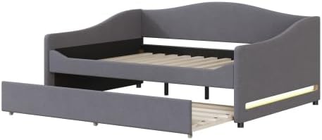 Miniatura 31 de MERITLINE Sofá cama tapizado de tamaño individual con nido y LED, marco de cama de día de forro polar con listones de madera maciza, sofá cama