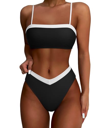 SUUKSESS Women Bandeau High Waited 2 Piece Bikini Set Cheeky High Cut Swimsuit