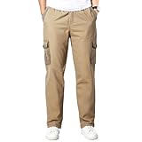 Husmeu Pantalon Homme Cargo 100% Coton Pantalon Multipoches avec Cordon de Serrage Elastique Léger Grande Taille Jaune L
