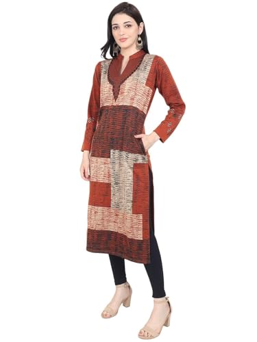 Image of Rosary Women's Winter Woolen Kurti Jacquard Straight Fit Ethnic Wear with 2 Side Pockets