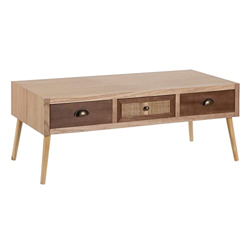 LOLAhome Mesa de Centro con Rejilla de Madera y Rattan Beige y Natural de 110x50x43 cm