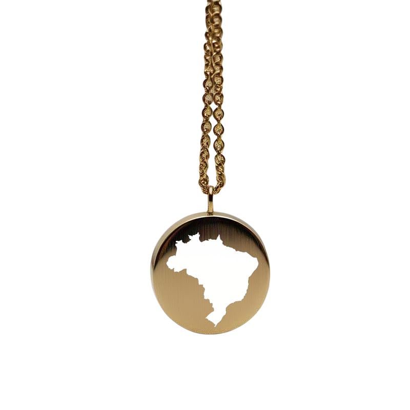 Pendentif carte du Brésil en argent et or 14k médaillon rond 24mm