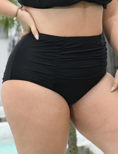 Women Plus Size Ruched High Waisted Black Bikini Bottoms Full Coverage Swimsuit Bottom Tummy Control Swim Bottoms3