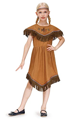 Iimmer Child Girls Native American Cosplay Halloween Pochont Thanksgiving Costume Brown Fringed Midi Dress With Headband 7-8 Years #TOP8