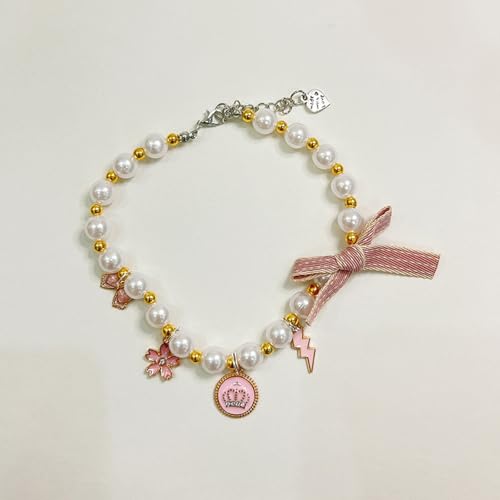 Image of Qiansail Cat Pearl Collars Necklace, Dog Collar with Pendant Pet Cute Princess Bow Crown Fashion Accessories for Puppy Kitten (Pink, M)
