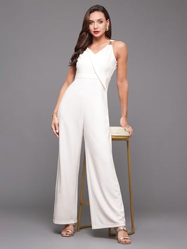 Image of Miss Chase Women's Halter Neck Sleeveless Solid Wide Leg Sequin Paneled Regular Length Jumpsuit