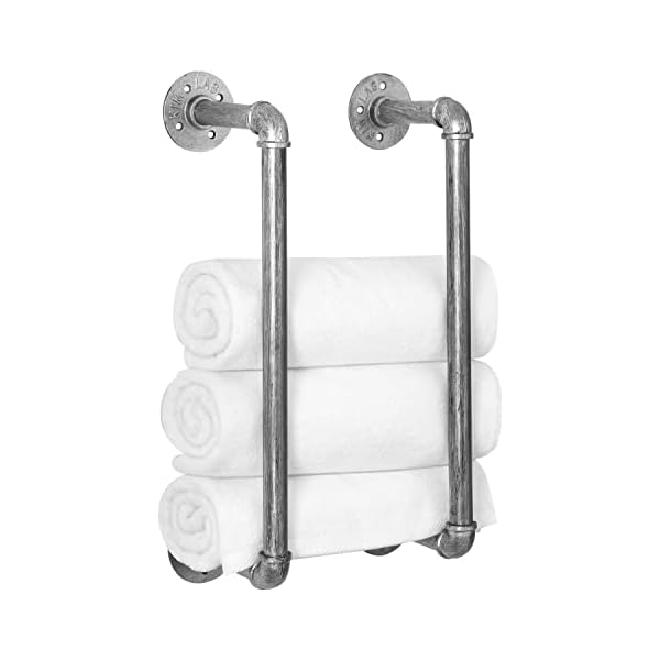 HouseAid Industrial Pipe Towel Rack, Farmhouse Bathroom Towel Storage Holder, Vintage Style Towel Organization, Wall Mounted, Antique Silver