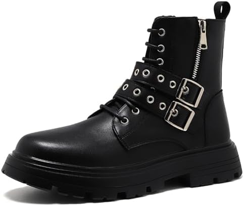 Men's Black Leather Platform Ankle Boots Lace up Side Zip Adjustable Buckle Lug Sole Non-Slip Combat Booties Fashion Punk Motorcycle Boots - Image 4
