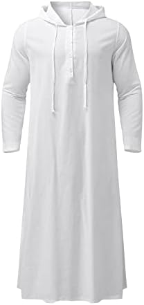 Muslim Hooded Kaftans for Men Linen Robe Long Sleeve Button Down Long Gown Drawstring Shirts Thobe with Pockets