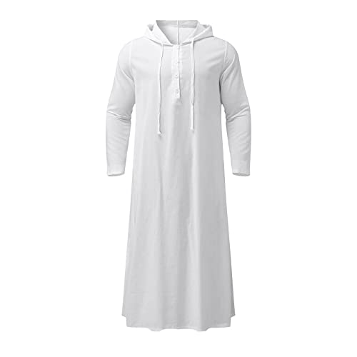 Muslim Hooded Kaftans for Men Linen Robe Long Sleeve Button Down Long Gown Drawstring Shirts Thobe with Pockets