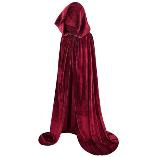 Image of Sarfel Hooded Cloak Velvet Cape with Hood Halloween Capes Women Witch Costume Vampire Cloak Wizard Robe Men Cosplay Costume, Wine Red, X-Large