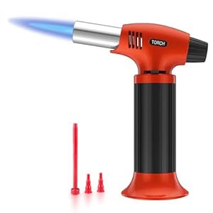 Blow Torch for Cooking, Refillable Kitchen Blow Torch, Mini Torch Lighter with Safety Lock and Adjustable Flame for Desserts, Creme Brulee, BBQ, Orange-Black (Gas Not Included)