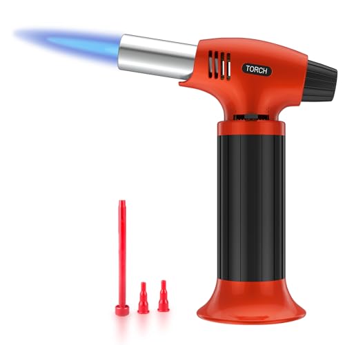 Quemador de cocina rellenable crema Brulee, mini quemador con cierre de seguridad y llama ajustable para postres, crema brulee, barbacoa, naranja-negro (butano no incluido)