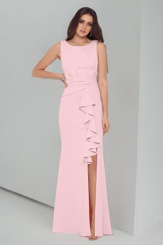 Image of Betsy & Adam Women's Long Bodycon Sleeveless Boat Neck Evening Gown with Side Slit Ruffle