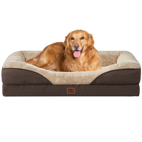 EHEYCIGA Orthopädisches Hundebett Grosse Hunde, 106.5x76x18.5cm, Memory Foam Waschbar und Wasserdicht Hundekorb mit 4 Rändern, Hundesofa Hundecouch rutschfest, Braun