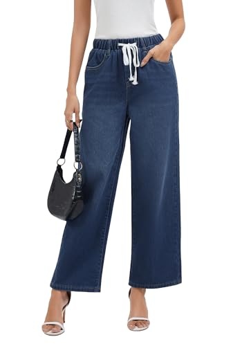 Jeans for Women Wide Leg High Waisted Baggy Jeans Stretchy Straight Leg Drawstring Loose Denim Pants