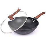 UOPYNE Woks & Stir-Fry Pans Fine Iron Woks with Lid, 12.6 Inch Flat Bottom Wok Pan for Gas, Electric, and Induction Stoves, Heat-Resistant Handle and Glass Lid with Stand, Versatile Stir Fry Pan