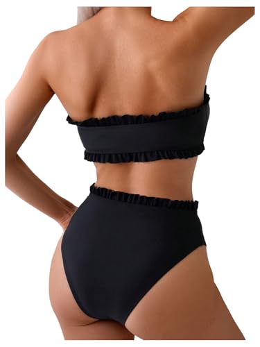 SweatyRocks Women's 2 Piece Bandeau Bikini Set High Waist Strapless Knot Front Swimsuit Ruffle Trim Bathing Suits2