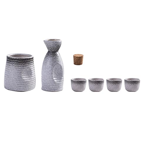 6-Piece Sake Set, Ceramic Wine Glasses with Warmer Pot and Stopper, Traditional Craft Mugs for Cold/Warm/hot Sake/Shochu/Tea (B Q)