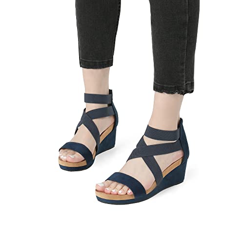DREAM PAIRS DREAM PAIRS Womens Elastic Ankle Strap Open Toe Platform Wedge Sandals Comfortable Summer Shoes,Size 9,Navy,NINI-3