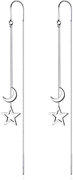 Reffeer Solid 925 Sterling Silver Moon Star Threader Dangle Earrings Chain for Women Teens Long Dangle Earrings Tassel Chain