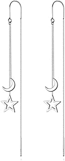 Solid 925 Sterling Silver Moon Star Threader Earrings Tassel Chain Dangle for Women Girls Long Dangle Earrings Drops