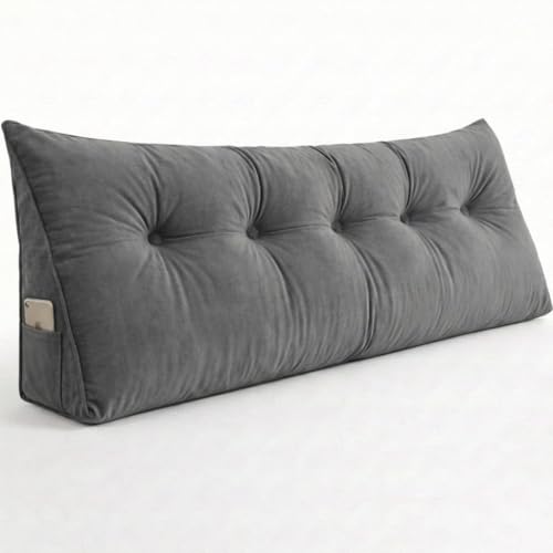 Image of Luxury Velvet Tufted Wedge Pillow with Side Pocket Soft Headboard Back Support Cushion for Bed, Sofa & Floor Seating - Grey