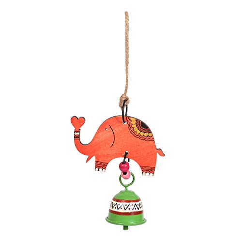 Image of Aakriti Art Creations Elephant Wind Chime with Metal Bell | Modern Art Handmade Wooden & Metal Wind Chime in Orange | Matte Decorative Wind Chimes for Balcony, Garden & Home