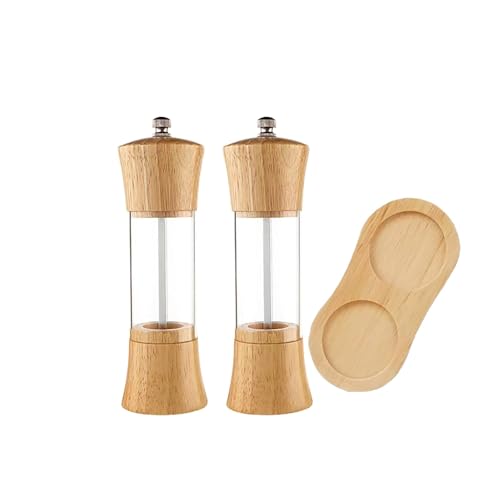 Wooden Clear Pepper Grinder with Base Set, Kitchen Pepper Sea Salt Black Pepper Mill, Home Camping Seasoning Bottle
