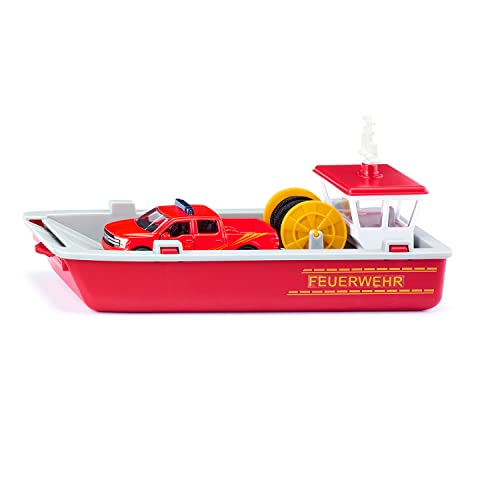 siku 2117, Feuerwehr Arbeitsboot, 1:50, Metall/Kunststoff, Rot/Gelb, Inkl. Ford F150 Pick-Up und Stickerbogen