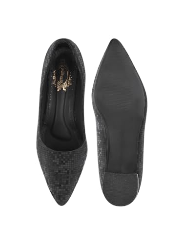 Image of Shoetopia Women's Low Block Heel Pumps - Elegant Pointed Toe Slip-On Dress in Textured Finish - Comfortable Office & Formal Footwear