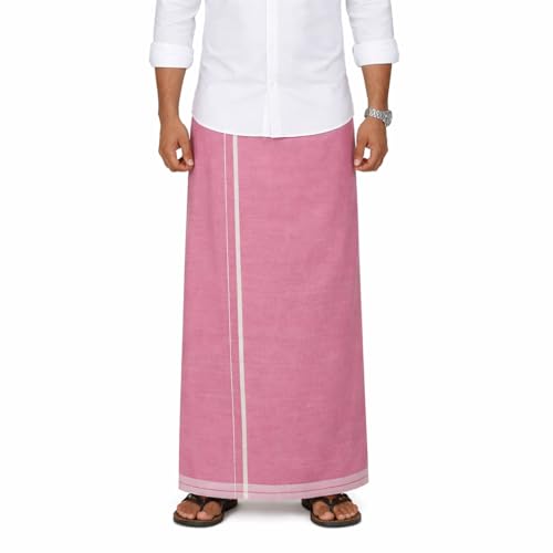 Image of Pure Cotton Dhoti for Men (1.28 x 1.87 m) | Solid Panchalu with Varied Small Color Border | Kerala Cotton Veshti, Khadi Dhoti | Lightweight Pooja & Temple Wear