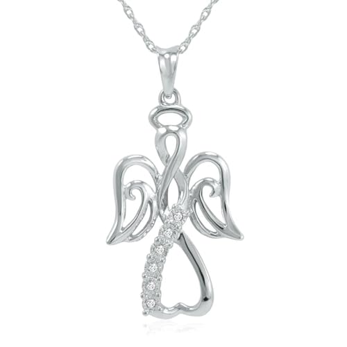 Amanda Rose Collection Winged Angel Open Heart Diamond Pendant Necklace in Sterling Silver on an 18 inch Sterling Silver Chain |Real Diamond Necklaces for Women