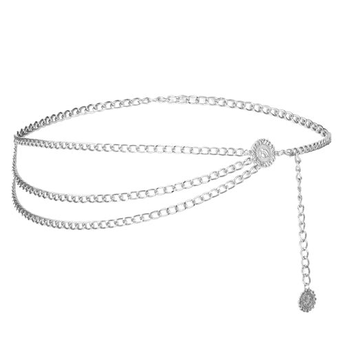 TIESOME Mehrschichtiger Taillenkettengürtel Damen Verstellbare Waist Chain Taillenkette für Jeanskleider, Goldene Bauchkette, 96cm(Silber)
