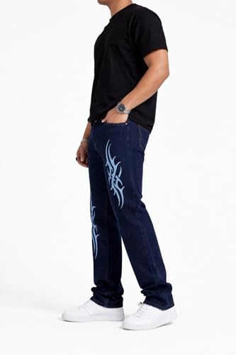 Image of Premium Men's Dark Blue Loose Fit Printed Jeans - Bold Tribal Graphic Streetwear Denim