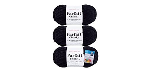 Premier Yarn Parfait Chunky - 3.5 Oz #6 Super Bulky Weight - 3-Pack Bundle with Bella's Crafts Stitch Markers (Black)