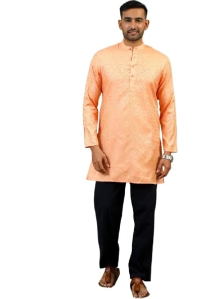 tattva Men Floral Embroidered Thread Work Kurta - Orange-picture-37