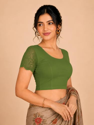 Image of Abhi Cotton Readymade Saree Blouse for Women- Half Net Sleeves, Round Neck, Regular-fit, Stretchable, Pull-on Style Blouse