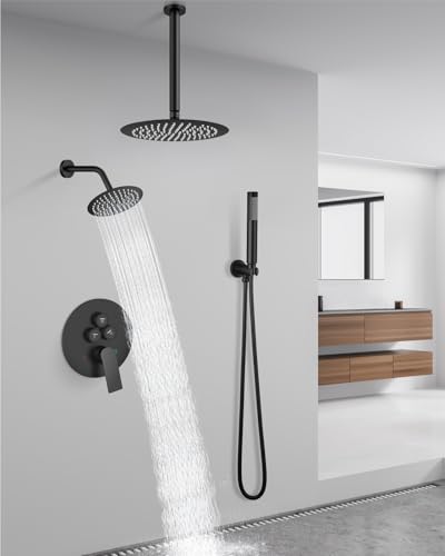 Sistema de Ducha Aolemi con Doble Cabezal 12 y 6 Pulgadas Negro Mate | con Pulverizador de Mano, Válvula y Kit de Recorte, Diverter Botón Presión, Cabezal Superior 12"+ Pared 6" Redondo Lluvia, Baño miniatura 7
