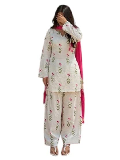 himaira Women's White Floral Printed Cotton Kurta Palazzo Set with Dupatta-picture-24