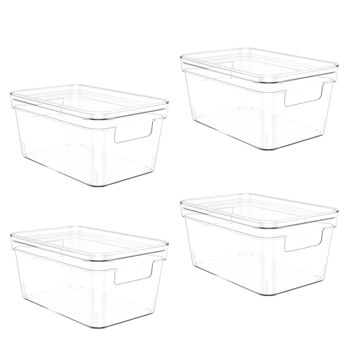 MOONEDGE Clear Plastic Storage Bins with Lids – Stackable Organizer Containers for refrigerator, Kitchen, Pantry, Bathroom, Closet, Laundry Room, Office – 4 Pack (10×6×5 in)