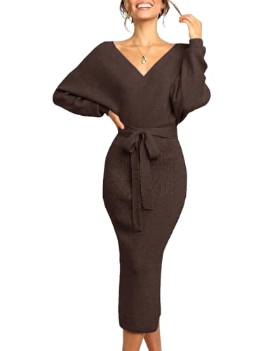 Image of Chang Yun Women's Long Maxi Sweater Dresses Sexy Wrap Batwing V Neck Slit Open Back Holiday Bodycon Dress with Belt